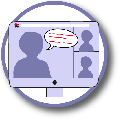 Dator som visar ansikten. Ett av ansiktena har en pratbubbla, de andra lyssnar. Ikon som tar dig till SAC meet, SAC:s tjänst för videosamtal.